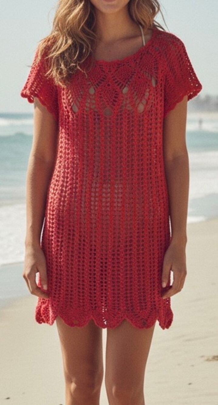 Vivienne Tam Mini Dress Vintage Red Open Knit Crochet Short Sleeve